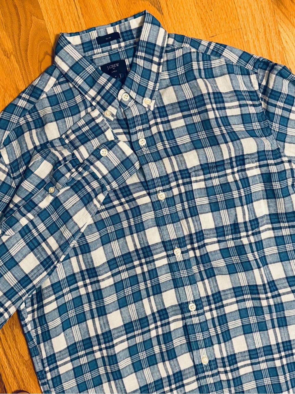 J. Crew Mens Medium Slim Linen Blue Indigo Plaid Long Sleeve Button Down Shirt